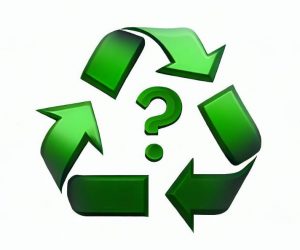 zielony symbol recyklingu ze znakiem zapytania w środku