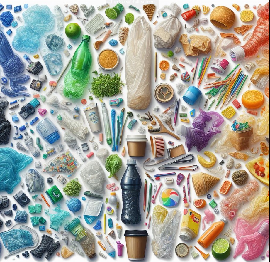 kolorowa grafika przedstawiająca różne plastikowe produkty poddać recyklingowi