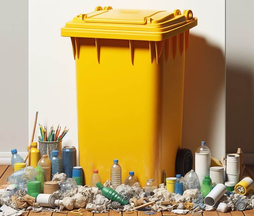 grafika przedstawiająca żółty kubeł na odpady plastikowe w otoczeniu odpadów z plastiku