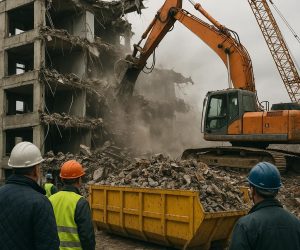 Ciężki sprzęt przy rozbiórce budynku