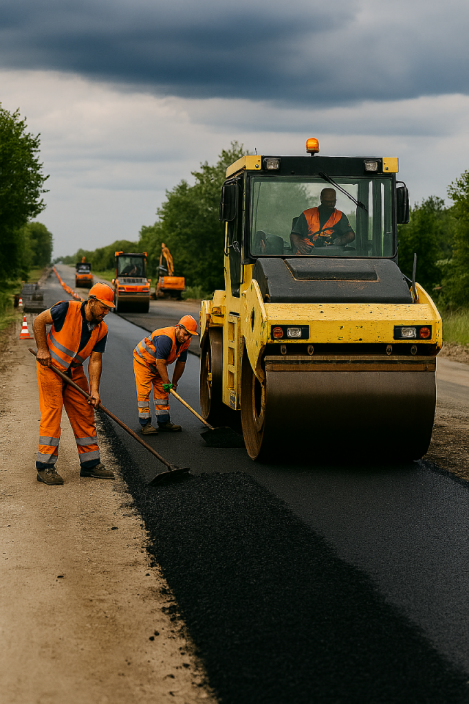Walcowanie asfaltu na drodze