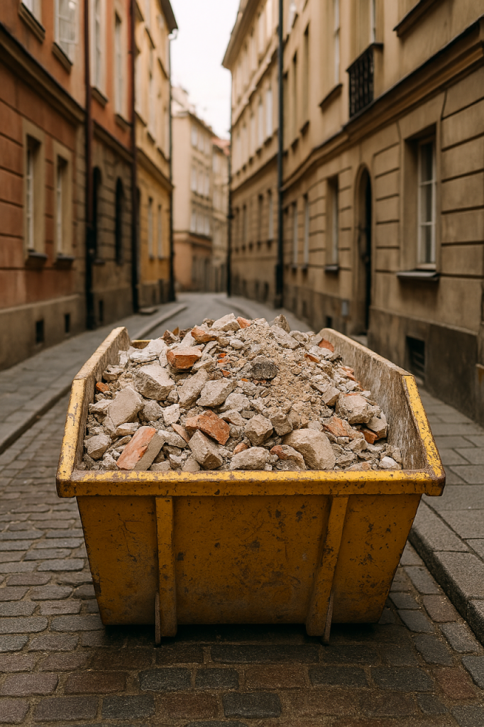 Kontener z gruzem przy kamienicy